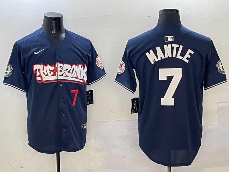 Men New York Yankees 7 Mantle Drak Blue four generations Joint Name 2025 Nike MLB Jersey style 4